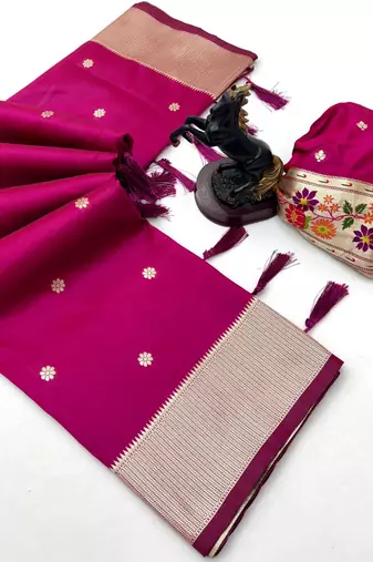 Hot pink soft silk paithani saree with floral zari border & designer pallu