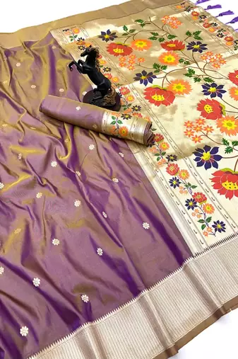 Onion pink soft silk paithani saree with floral zari border & designer pallu