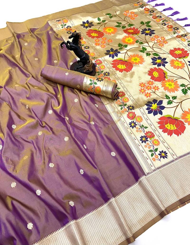 Onion pink soft silk paithani saree with floral zari border & designer pallu