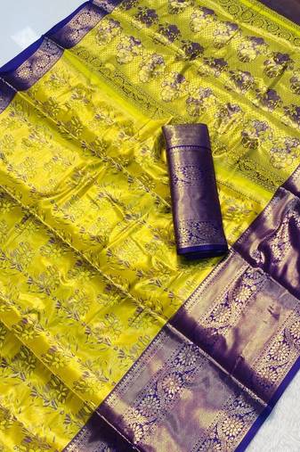 Parrot green silk saree with contrast zari border & rich woven pallu