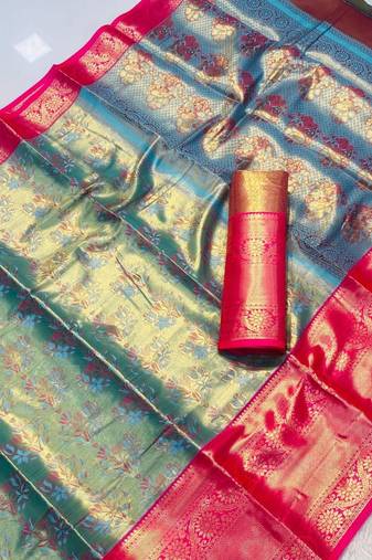 Sky blue silk saree with contrast zari border & rich woven pallu