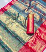 Sky blue silk saree with contrast zari border & rich woven pallu