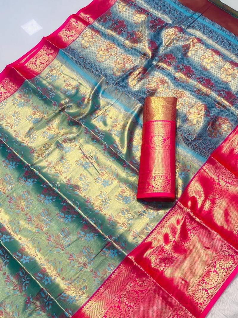 Sky blue silk saree with contrast zari border & rich woven pallu