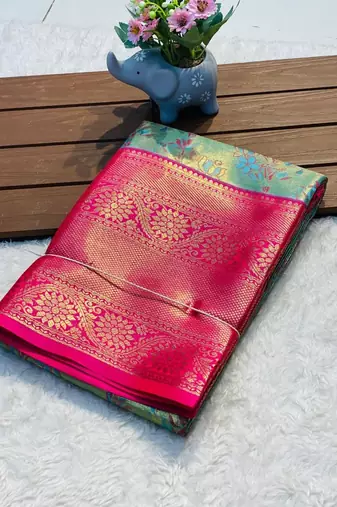 Sky blue silk saree with contrast zari border & rich woven pallu