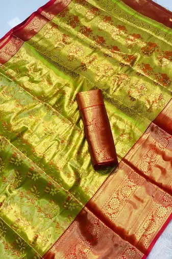 Parrot green silk saree with contrast zari border & rich woven pallu