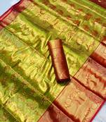 Parrot green silk saree with contrast zari border & rich woven pallu