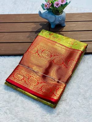 Parrot green silk saree with contrast zari border & rich woven pallu 2