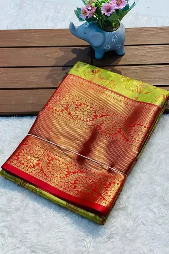 Parrot green silk saree with contrast zari border & rich woven pallu