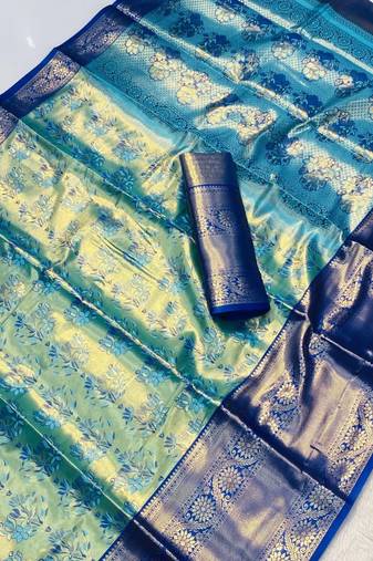 Royal blue silk saree with contrast zari border & rich woven pallu