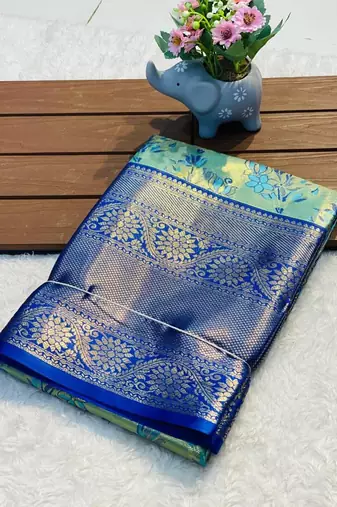 Royal blue silk saree with contrast zari border & rich woven pallu