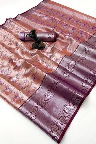 Peach silk saree with contrast zari border & rich woven pallu
