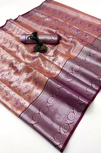 Peach silk saree with contrast zari border & rich woven pallu