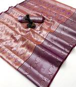 Peach silk saree with contrast zari border & rich woven pallu