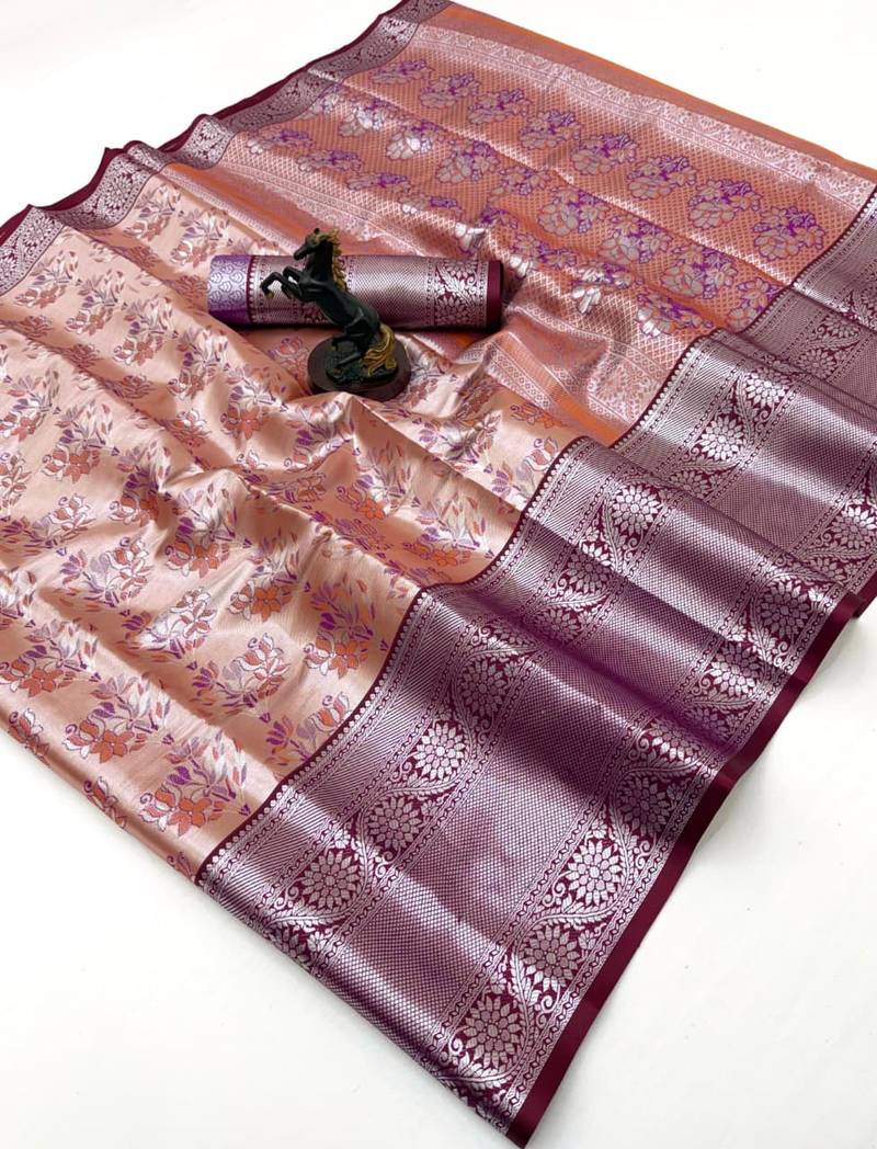 Peach silk saree with contrast zari border & rich woven pallu