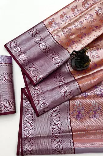 Peach silk saree with contrast zari border & rich woven pallu
