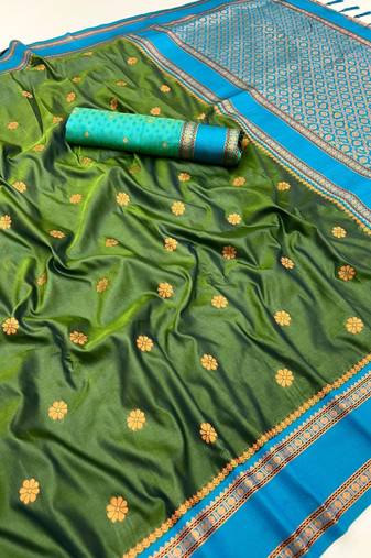 Mehendi soft silk saree with dual zari motifs, narayan border & contrast pallu