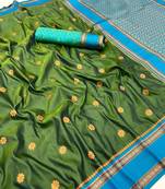 Mehendi soft silk saree with dual zari motifs, narayan border & contrast pallu