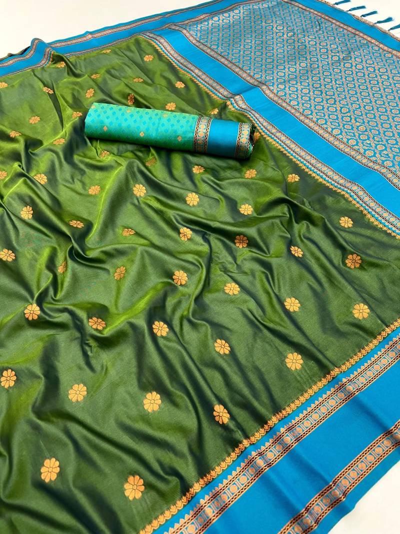 Mehendi soft silk saree with dual zari motifs, narayan border & contrast pallu