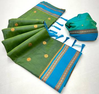 Mehendi soft silk saree with dual zari motifs, narayan border & contrast pallu 2