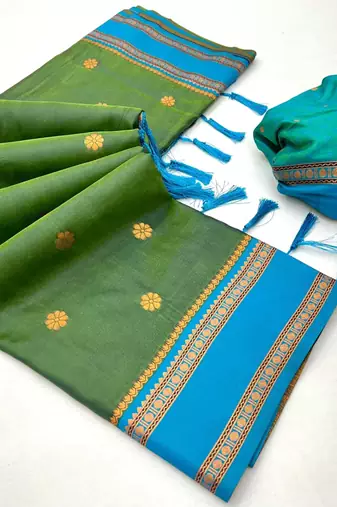 Mehendi soft silk saree with dual zari motifs, narayan border & contrast pallu