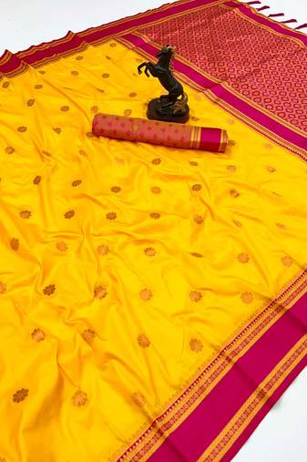 Yellow soft silk saree with dual zari motifs, narayan border & contrast pallu