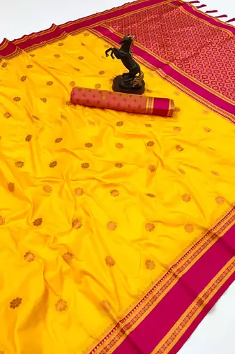 Yellow soft silk saree with dual zari motifs, narayan border & contrast pallu