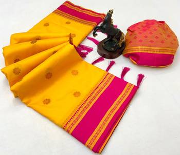 Yellow soft silk saree with dual zari motifs, narayan border & contrast pallu 2