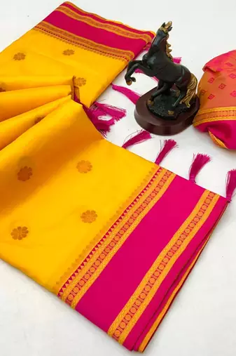 Yellow soft silk saree with dual zari motifs, narayan border & contrast pallu