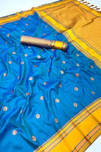 Sky blue soft silk saree with dual zari motifs, narayan border & contrast pallu