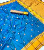 Sky blue soft silk saree with dual zari motifs, narayan border & contrast pallu