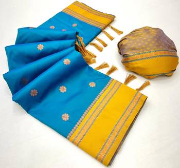 Sky blue soft silk saree with dual zari motifs, narayan border & contrast pallu 2
