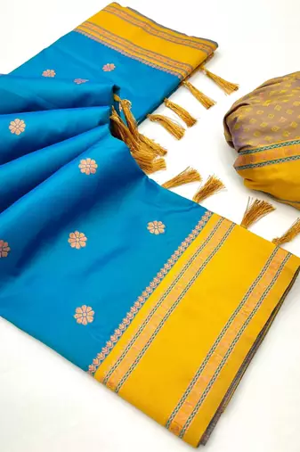 Sky blue soft silk saree with dual zari motifs, narayan border & contrast pallu