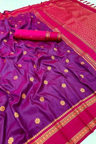 Magenta soft silk saree with dual zari motifs, narayan border & contrast pallu