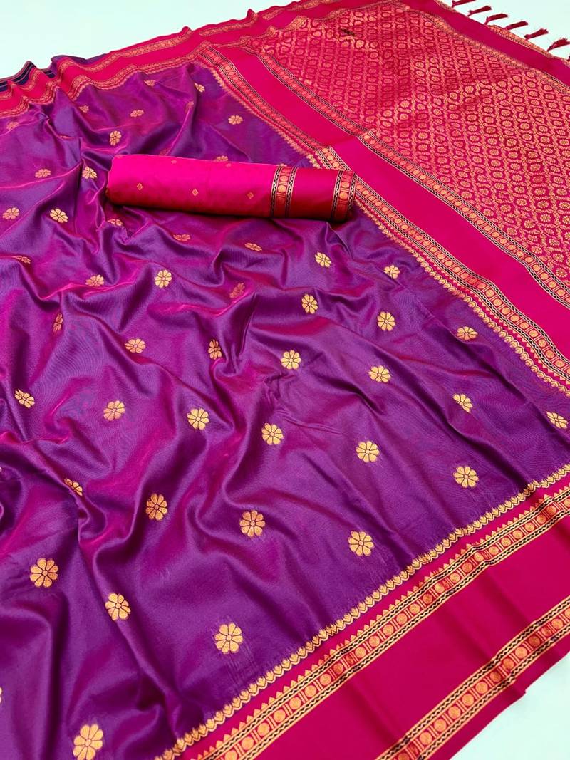 Magenta soft silk saree with dual zari motifs, narayan border & contrast pallu