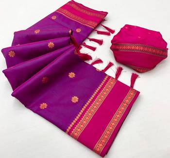 Magenta soft silk saree with dual zari motifs, narayan border & contrast pallu 2