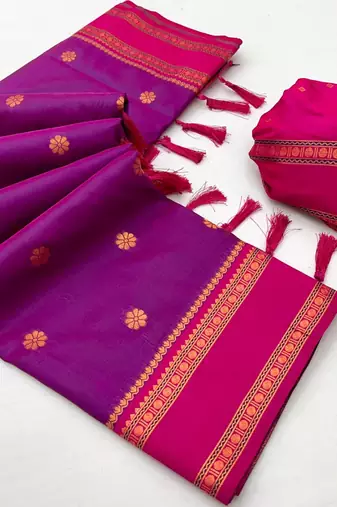 Magenta soft silk saree with dual zari motifs, narayan border & contrast pallu