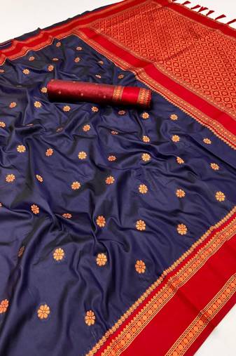 Navy blue soft silk saree with dual zari motifs, narayan border & contrast pallu