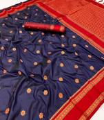 Navy blue soft silk saree with dual zari motifs, narayan border & contrast pallu