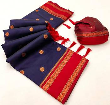 Navy blue soft silk saree with dual zari motifs, narayan border & contrast pallu 2