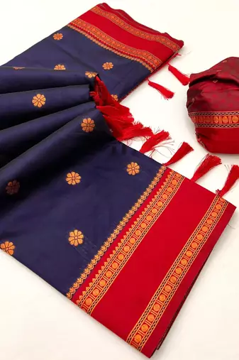 Navy blue soft silk saree with dual zari motifs, narayan border & contrast pallu