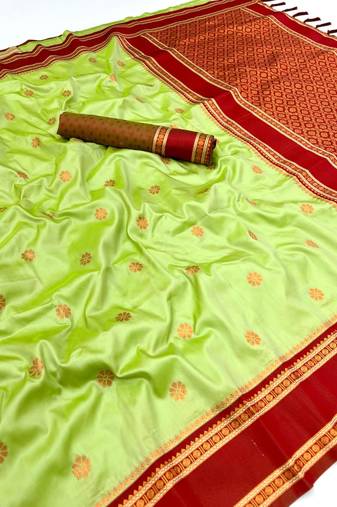 Light green soft silk saree with dual zari motifs, narayan border & contrast pallu