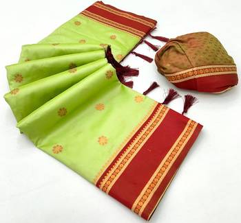 Light green soft silk saree with dual zari motifs, narayan border & contrast pallu 2