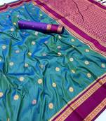 Teal soft silk saree with dual zari motifs, narayan border & contrast pallu