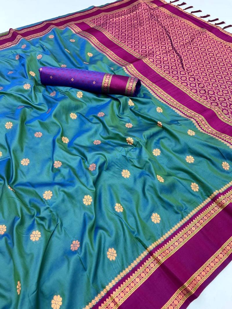 Teal soft silk saree with dual zari motifs, narayan border & contrast pallu