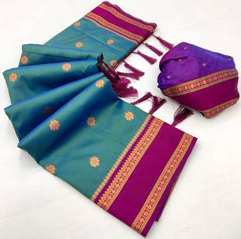 Teal soft silk saree with dual zari motifs, narayan border & contrast pallu 2