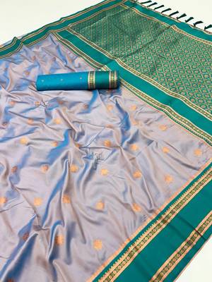 Grey soft silk saree with dual zari motifs, narayan border & contrast pallu 1