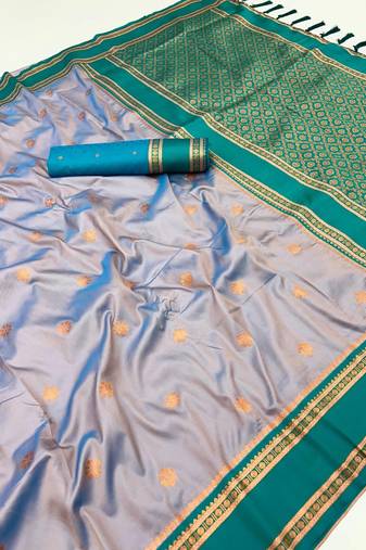Grey soft silk saree with dual zari motifs, narayan border & contrast pallu
