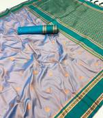 Grey soft silk saree with dual zari motifs, narayan border & contrast pallu