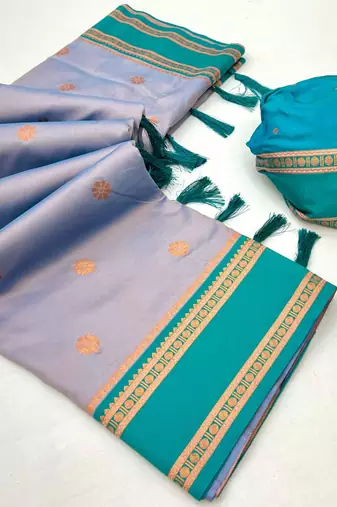 Grey soft silk saree with dual zari motifs, narayan border & contrast pallu