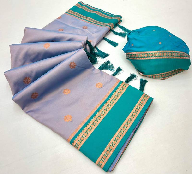 Grey soft silk saree with dual zari motifs, narayan border & contrast pallu